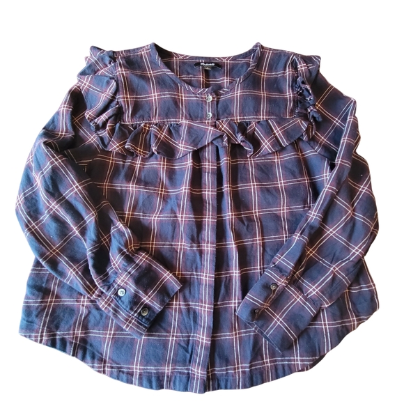 Madewell | Maroon/Navy Plaid Ruffle-Yoke Button Down W/ Easy Roll Sleeves - Picture 2 of 11